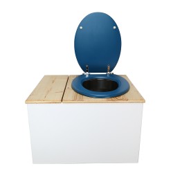 Toilette sèche avec bac à copeaux de bois. bois blanc/huilé, abattant bleu. Livré avec bavette inox et seau inox 22 litres