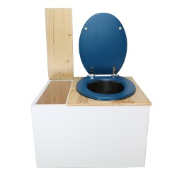 Toilette sèche avec bac à copeaux de bois. bois blanc/huilé, abattant bleu. Livré avec bavette inox et seau inox 22 litres