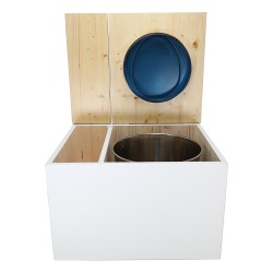 Toilette sèche avec bac à copeaux de bois. bois blanc/huilé, abattant bleu. Livré avec bavette inox et seau inox 22 litres
