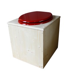 toilette sèche en bois avec seau inox et bavette inox avec abattant bois rouge framboise - modèle rehaussé PMR
