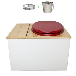 Toilette sèche avec bac à copeaux de bois. bois blanc/huilé, abattant rouge. Livré avec bavette inox et seau inox 22 litres