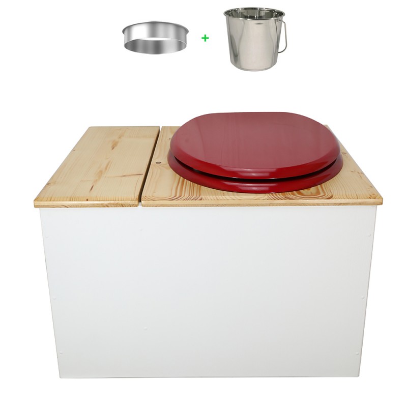 Toilette sèche avec bac à copeaux de bois. bois blanc/huilé, abattant rouge. Livré avec bavette inox et seau inox 22 litres