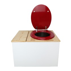 Toilette sèche avec bac à copeaux de bois. bois blanc/huilé, abattant rouge. Livré avec bavette inox et seau inox 22 litres