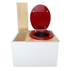 Toilette sèche avec bac à copeaux de bois. bois blanc/huilé, abattant rouge. Livré avec bavette inox et seau inox 22 litres
