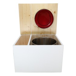 Toilette sèche avec bac à copeaux de bois. bois blanc/huilé, abattant rouge. Livré avec bavette inox et seau inox 22 litres