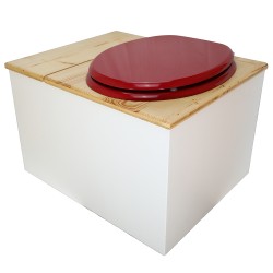 Toilette sèche avec bac à copeaux de bois. bois blanc/huilé, abattant rouge. Livré avec bavette inox et seau inox 22 litres