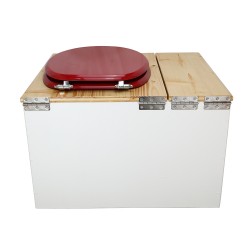 Toilette sèche avec bac à copeaux de bois. bois blanc/huilé, abattant rouge. Livré avec bavette inox et seau inox 22 litres
