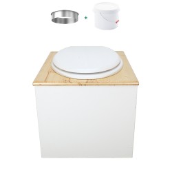Toilette sèche de couleur blanc/huilé avec seau plastique 22L, bavette inox, abattant blanc
