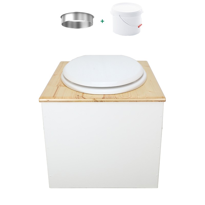 Toilette sèche de couleur blanc/huilé avec seau plastique 22L, bavette inox, abattant blanc Toilette sèche de couleur blanc/huilé avec seau plastique 22L, bavette inox, abattant blanc