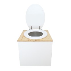 Toilette sèche de couleur blanc/huilé avec seau plastique 22L, bavette inox, abattant blanc