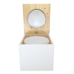 Toilette sèche de couleur blanc/huilé avec seau plastique 22L, bavette inox, abattant blanc