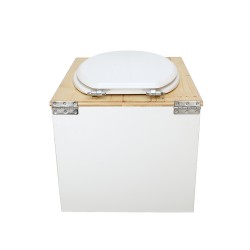 Toilette sèche de couleur blanc/huilé avec seau plastique 22L, bavette inox, abattant blanc