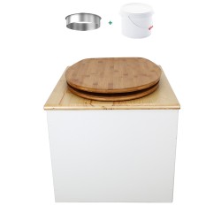 Toilette sèche de couleur blanc/huilé avec seau plastique 22L, bavette inox, abattant bambou