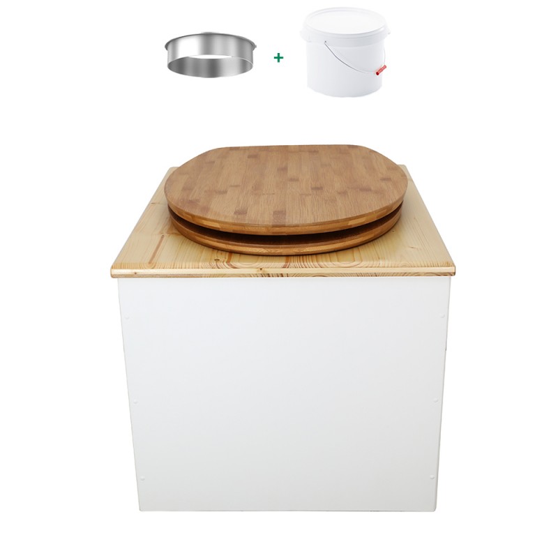 Toilette sèche de couleur blanc/huilé avec seau plastique 22L, bavette inox, abattant bambou