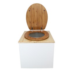 Toilette sèche de couleur blanc/huilé avec seau plastique 22L, bavette inox, abattant bambou