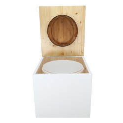 Toilette sèche de couleur blanc/huilé avec seau plastique 22L, bavette inox, abattant bambou