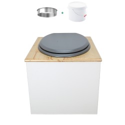 Toilette sèche de couleur blanc/huilé avec seau plastique 22L, bavette inox, abattant gris