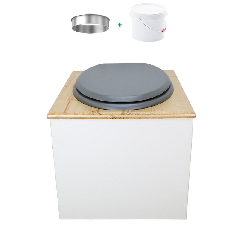 Toilette sèche de couleur blanc/huilé avec seau plastique 22L, bavette inox, abattant gris Toilette sèche de couleur blanc/huilé avec seau plastique 22L, bavette inox, abattant gris