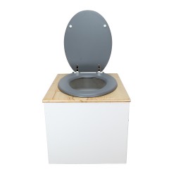 Toilette sèche de couleur blanc/huilé avec seau plastique 22L, bavette inox, abattant gris