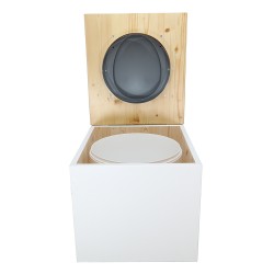 Toilette sèche de couleur blanc/huilé avec seau plastique 22L, bavette inox, abattant gris