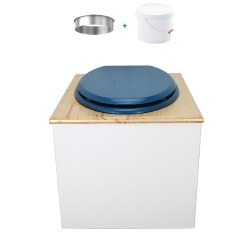 Toilette sèche de couleur blanc/huilé avec seau plastique 22L, bavette inox, abattant bleu