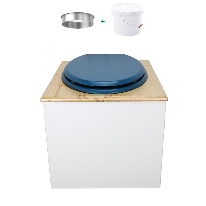 Toilette sèche de couleur blanc/huilé avec seau plastique 22L, bavette inox, abattant bleu Toilette sèche de couleur blanc/huilé avec seau plastique 22L, bavette inox, abattant bleu