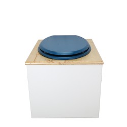 Toilette sèche de couleur blanc/huilé avec seau plastique 22L, bavette inox, abattant bleu