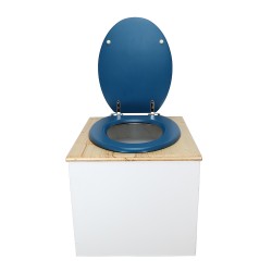 Toilette sèche de couleur blanc/huilé avec seau plastique 22L, bavette inox, abattant bleu