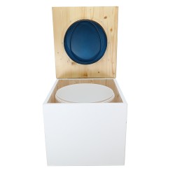 Toilette sèche de couleur blanc/huilé avec seau plastique 22L, bavette inox, abattant bleu