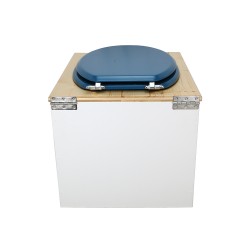 Toilette sèche de couleur blanc/huilé avec seau plastique 22L, bavette inox, abattant bleu
