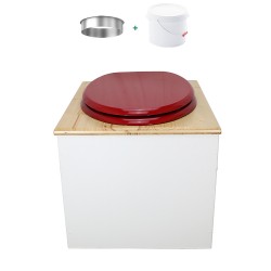 Toilette sèche de couleur blanc/huilé avec seau plastique 22L, bavette inox, abattant rouge