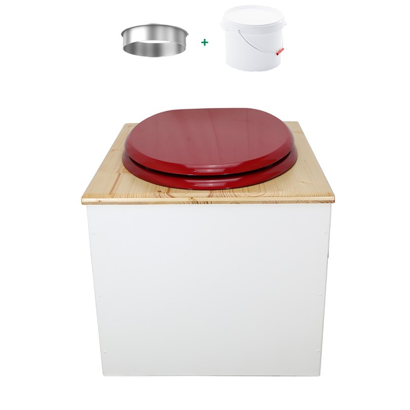 Toilette sèche de couleur blanc/huilé avec seau plastique 22L, bavette inox, abattant rouge Toilette sèche de couleur blanc/huilé avec seau plastique 22L, bavette inox, abattant rouge