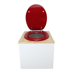 Toilette sèche de couleur blanc/huilé avec seau plastique 22L, bavette inox, abattant rouge