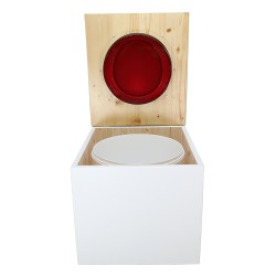 Toilette sèche de couleur blanc/huilé avec seau plastique 22L, bavette inox, abattant rouge