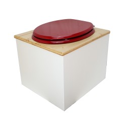 Toilette sèche de couleur blanc/huilé avec seau plastique 22L, bavette inox, abattant rouge