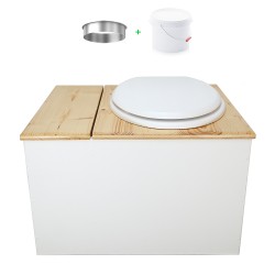 Toilette sèche avec bac à copeaux de bois blanc/huilé. Livré avec bavette inox et seau 22 litres, abattant blanc