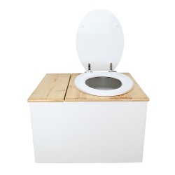 Toilette sèche avec bac à copeaux de bois blanc/huilé. Livré avec bavette inox et seau 22 litres, abattant blanc