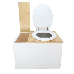 Toilette sèche avec bac à copeaux de bois blanc/huilé. Livré avec bavette inox et seau 22 litres, abattant blanc
