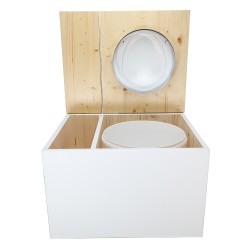 Toilette sèche avec bac à copeaux de bois blanc/huilé. Livré avec bavette inox et seau 22 litres, abattant blanc