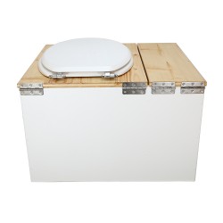 Toilette sèche avec bac à copeaux de bois blanc/huilé. Livré avec bavette inox et seau 22 litres, abattant blanc