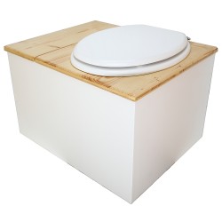 Toilette sèche avec bac à copeaux de bois blanc/huilé. Livré avec bavette inox et seau 22 litres, abattant blanc