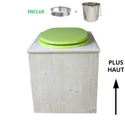 toilette sèche en bois avec seau inox et bavette inox avec abattant bois vert pomme - modèle rehaussé PMR