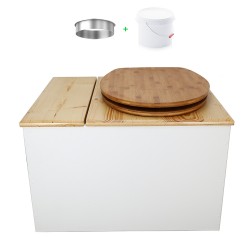Toilette sèche avec bac à copeaux de bois, blanc/huilé. Livré avec bavette inox et seau 22 litres, abattant bambou