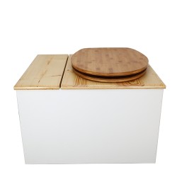 Toilette sèche avec bac à copeaux de bois, blanc/huilé. Livré avec bavette inox et seau 22 litres, abattant bambou