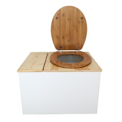 Toilette sèche avec bac à copeaux de bois, blanc/huilé. Livré avec bavette inox et seau 22 litres, abattant bambou