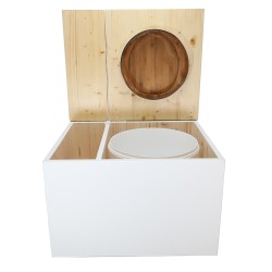 Toilette sèche avec bac à copeaux de bois, blanc/huilé. Livré avec bavette inox et seau 22 litres, abattant bambou