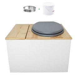 Toilette sèche avec bac à copeaux de bois blanc/huilé. Livré avec bavette inox et seau 22 litres, abattant gris