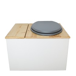 Toilette sèche avec bac à copeaux de bois blanc/huilé. Livré avec bavette inox et seau 22 litres, abattant gris