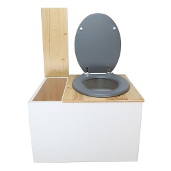 Toilette sèche avec bac à copeaux de bois blanc/huilé. Livré avec bavette inox et seau 22 litres, abattant gris