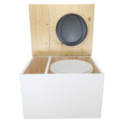 Toilette sèche avec bac à copeaux de bois blanc/huilé. Livré avec bavette inox et seau 22 litres, abattant gris